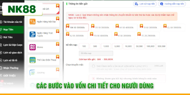 Các bước vào vốn chi tiết cho người dùng